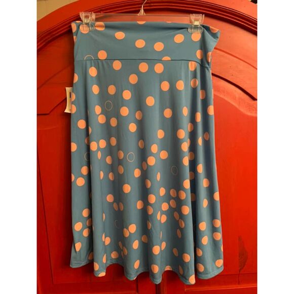 NWT LuLaRoe Azure SKirt XL Baby Blue and Pink Polka Dot Soft Cool Stretchy NEW - Picture 1 of 2